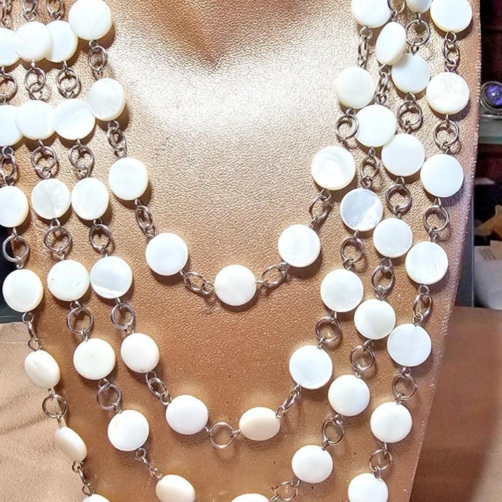 White Mother of Pearl Multi Strand Tiered Necklace Silver Tone Shell Disc